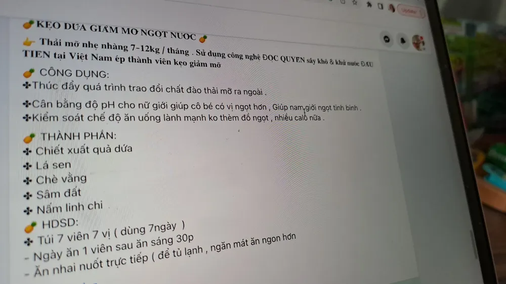 Một bài quảng cáo giảm cân nhẹ nhàng 7-12 kg/tháng chỉ bằng cách ăn kẹo giảm cân được đăng tải trên mạng xã hội. Ảnh: chụp màn hình