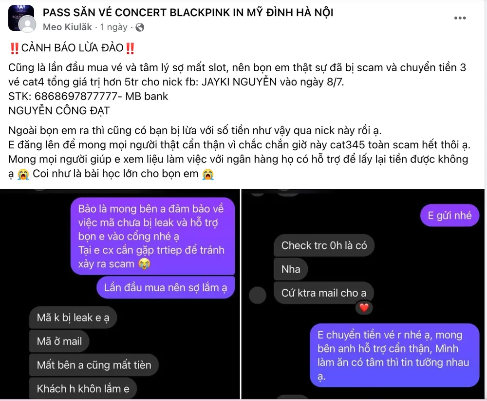 Một bài đăng cảnh báo bị lừa sau khi chuyển khoản tiền vé. Ảnh chụp màn hình Một bài đăng cảnh báo bị lừa sau khi chuyển khoản tiền vé. Ảnh chụp màn hình