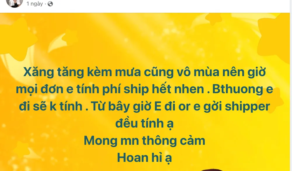 Người bán hàng đăng thông báo thu phí vận chuyển trước áp lực xăng tăng và giá hàng hóa thay đổi. Ảnh chụp màn hình xang-tang-phi-ship-tang