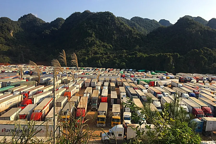 Xe container đậu cắn đuôi nhau chờ đưa thanh long sang Trung Quốc tháng 12-2021.