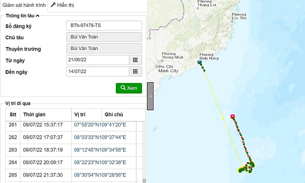 Hệ thống giám sát hành trình ghi lại các vị trí của con tàu trước khi mất liên lạc. Ảnh: PN