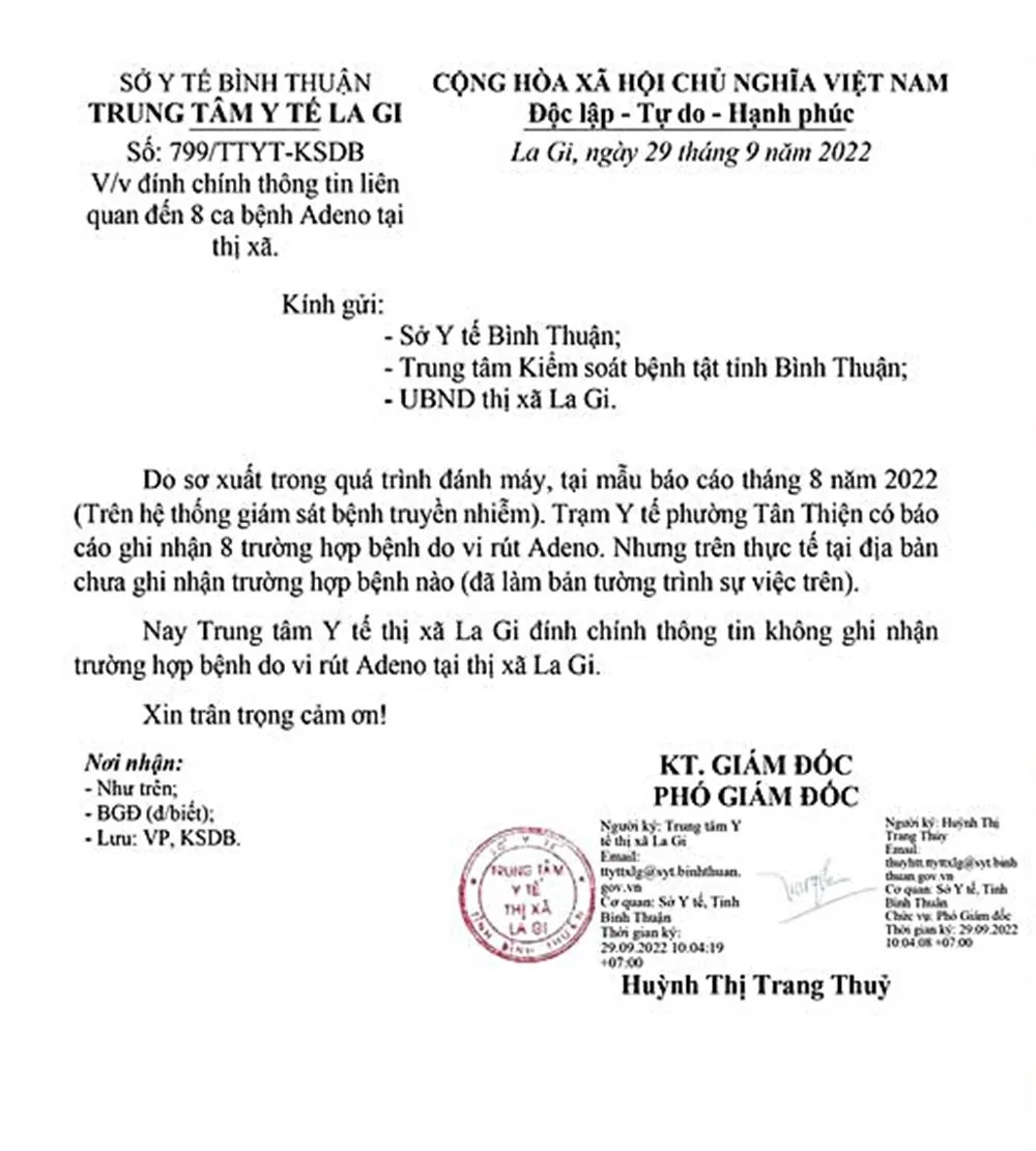 Văn bản đính chính của Trung tâm Y tế La Gi. Văn bản đính chính của Trung tâm Y tế La Gi.