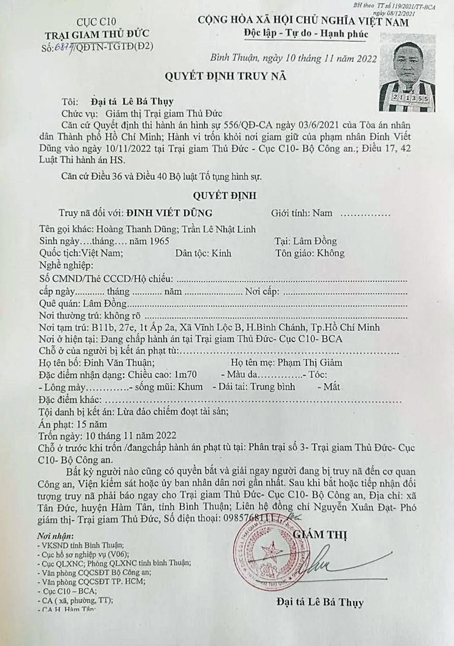 Quyết định truy nã Đinh Viết Dũng.