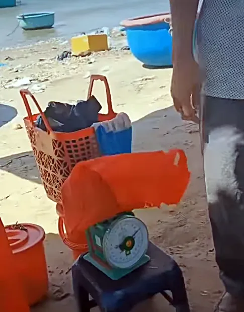 Clip về cân gian lận ở làng chài Mũi Né đã có hàng ngàn lượt chia sẻ. Ảnh cắt từ clip