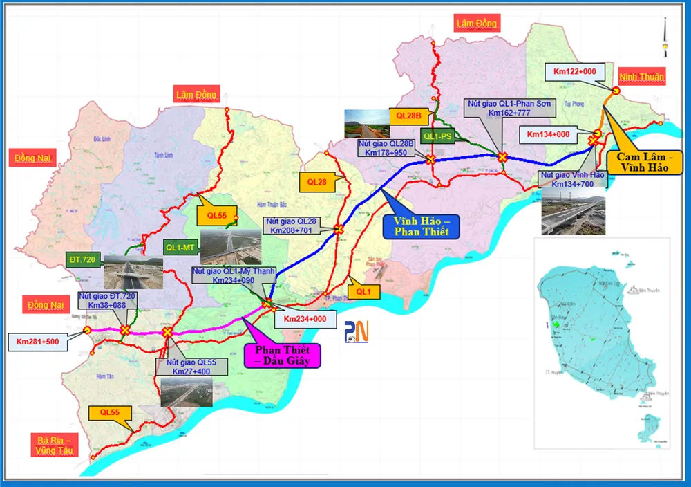 Toàn cảnh 2 tuyến cao tốc Vĩnh Hảo - Phan Thiết và Phan Thiết - Dầu Giây qua địa bàn Bình Thuận. Ảnh: PN. Toàn cảnh 2 tuyến cao tốc Vĩnh Hảo - Phan Thiết và Phan Thiết - Dầu Giây qua địa bàn Bình Thuận. Ảnh: PN.