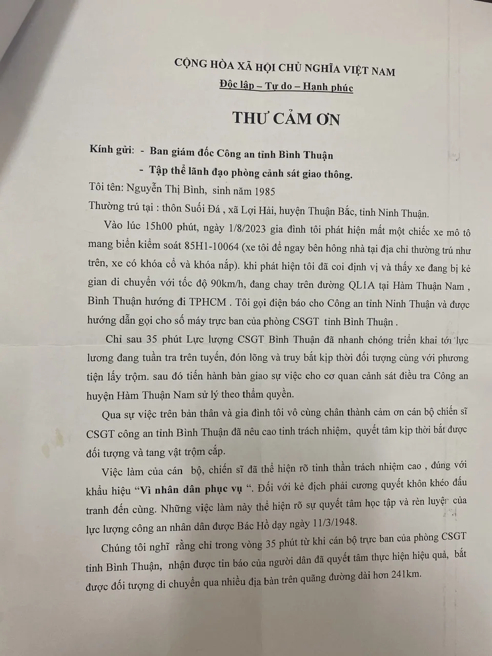 Thư cảm ơn của bà Bình. Ảnh: PN Thư cảm ơn của bà Bình. Ảnh: PN