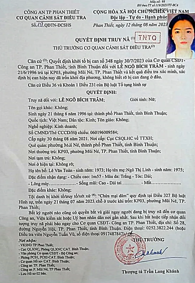 Quyết định truy nã Lê Ngô Bích Trâm.