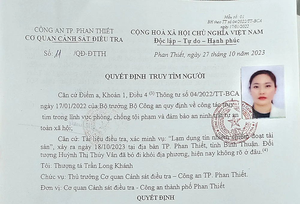 Quyết định truy tìm chủ hụi "Vân Mây" của Công an TP Phan Thiết. chu-hui.jpg