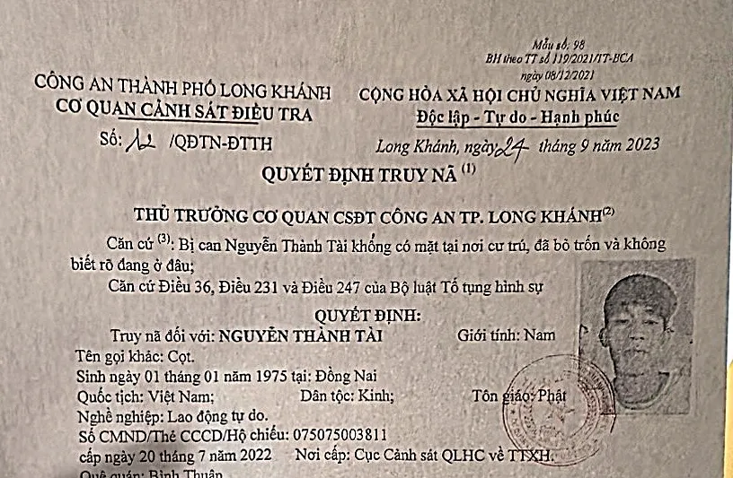 Quyết định truy nã của Công an TP Long Khánh. Ảnh: PN Bắt kẻ trốn truy nã sau gần hai tháng lẩn trốn ở Bình Thuận