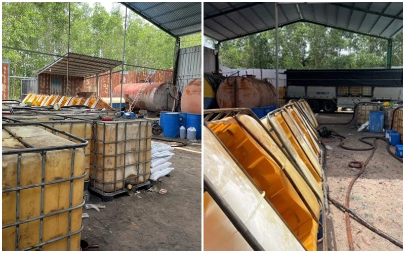 Hàng chục ngàn lít nhớt thải tái chế nguy hại bên trong cơ sở. nhớt thải tái chế