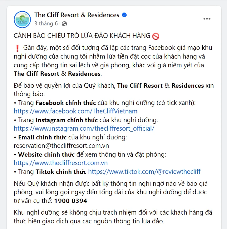 The Cliff & Residences cảnh báo du khách đặt phòng resort trực tuyến qua các trang web giả mạo. resort-truc-tuyen (1).png