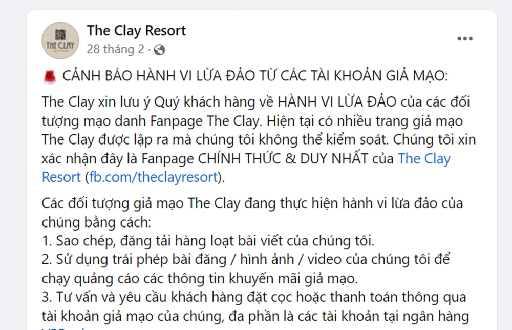 The Clay Resort cảnh báo hành vi lừa đảo chiếm đoạt tiền của du khách đặt phòng resort trực tuyến. resort-truc-tuyen (2).png