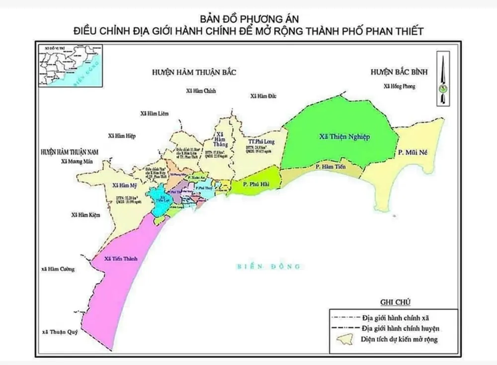 Bản đồ điều chỉnh ranh giới để mở rộng TP Phan Thiết. TP Phan Thiết