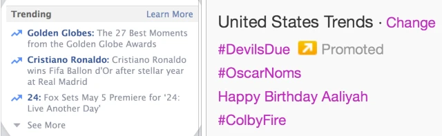Mục "Trend" của Facebook (trái) chi tiết hơn danh sách "Trend Topics" của Twitter.