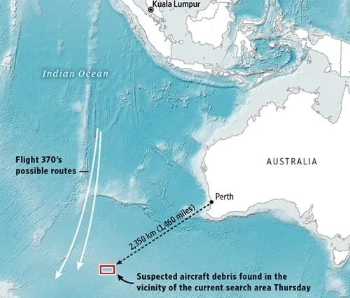 Khu vực phát hiện các vật thể được cho là có liên quan đến MH370 (hình chữ nhật viền đỏ) cách thành phố Perth của Australia khoảng 2.350 km về phía tây nam. Đồ họa: WSJ.