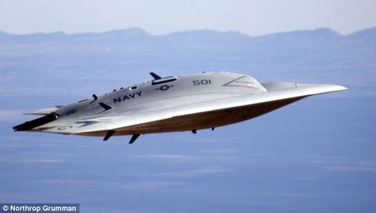 Sleek: The bat-winged X-47B is a £1billion test aircraft developed to help the US design the next generation of unmanned aerial vehicles. The drone is capable of travelling at subsonic speeds