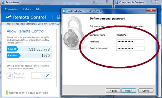 Nhập tên máy tính của mình, nhập mật khẩu và xác nhận mật khẩu như trong vùng khoanh đỏ, rồi ấn Next. 4,5 2-Huong-dan-su-dung-TeamViewer-9-Mat-khau-ca-nhan.jpg