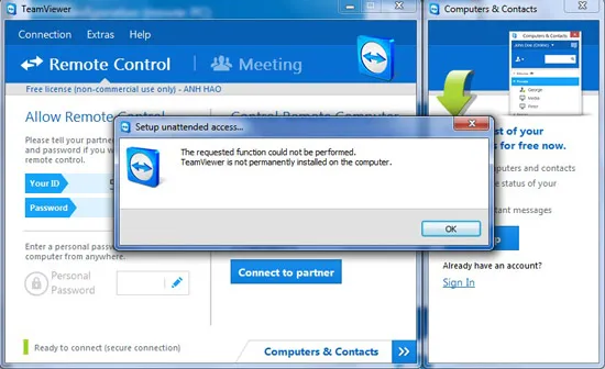 Bản TeamViewer 9 không cần cài đặt thông báo không thể thực hiện chức năng đặt mật khẩu riêng để truy cập từ xa máy tính đang dùng. 1 3-Huong-dan-su-dung-TeamViewer-9-Cai-dat.jpg