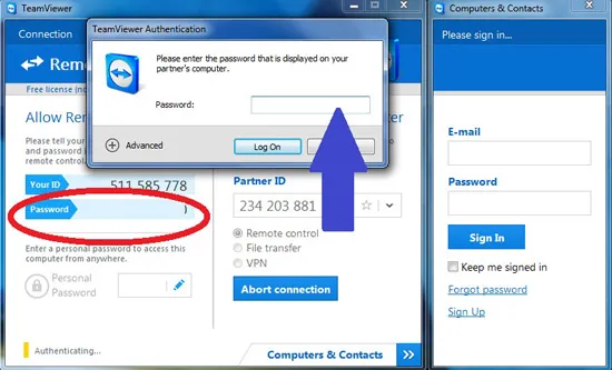 Lấy Password từ máy cần hỗ trợ (như vị trí khoanh đỏ) rồi nhập vào ô trống (mũi tên) trong TeamViewer 9 của máy mình, ấn Log On. 2 2-Huong-dan-su-dung-TeamViewer-9-Dieu-khien-tu-xa-Remote-Control.jpg