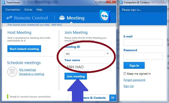 Điền mã ID buổi họp muốn tham gia và tên đại diện của bạn (vào vùng khoanh đỏ) rồi nhấp Join Meeting (mũi tên). 3 4,5-Huong-dan-su-dung-TeamViewer-9-Hoi-nghi.jpg
