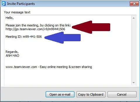 TeamViewer soạn sẵn thư mời họp, trong đó có chứa đường link dẫn tới buổi họp (mũi tên đỏ) và số ID buổi họp (mũi tên xanh). 3 3-Huong-dan-su-dung-TeamViewer-9-Hoi-nghi.jpg