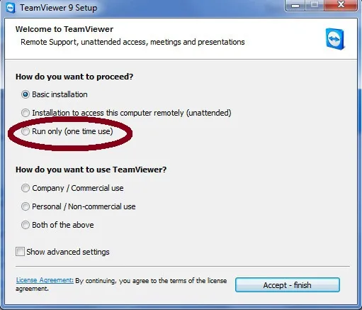 Trước khi cài đặt TeamViewer 9, bạn có lựa chọn Run Only (khoanh màu đỏ) để sử dụng luôn. Huong-dan-su-dung-TeamViewer-9-Cai-dat