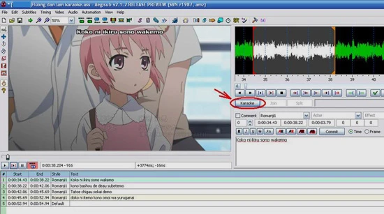 Hướng dẫn sử dụng Aegisub để tạo karaoke: Trước hết, tải file video và file audio đi kèm rồi làm phụ đề cho lời nhạc như làm phụ đề phim thông thường. Sau đó ấn nút Karaoke (khoanh tròn). 1-Huong-dan-su-dung-Aegisub-tao-hieu-ung-karaoke-karaoke-effect.jpg
