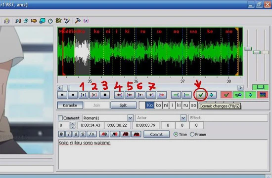 Hướng dẫn sử dụng Aegisub để tạo karaoke: Trên thanh biểu thị audio, đọan phụ đề ta đang làm cũng sẽ được chia cắt theo như những âm tiết bạn vừa tách ra. Việc còn lại của bạn đó là căn thời gian cho từng âm tiết này. 4,5-Huong-dan-su-dung-Aegisub-tao-hieu-ung-karaoke-karaoke-effect.jpg