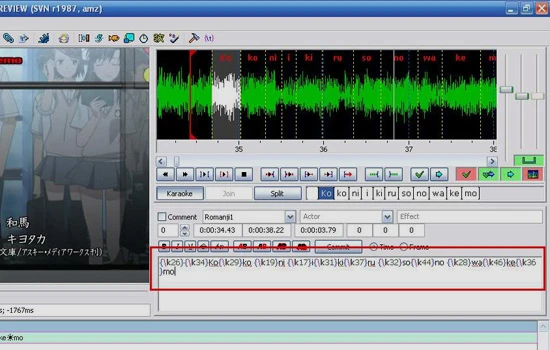 Hướng dẫn sử dụng Aegisub để tạo karaoke: Sau khi ghi nhớ căn chỉnh thời gian, các bạn sẽ thấy dòng phụ đề thay đổi thành như trong phần đóng khung, với các thẻ hiệu ứng dành cho karaoke. 5-Huong-dan-su-dung-Aegisub-tao-hieu-ung-karaoke-karaoke-effect.jpg