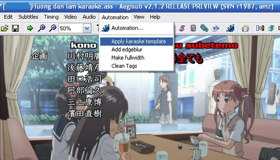 Hướng dẫn sử dụng Aegisub để tạo karaoke: Bấm “Automation => Apply karaoke template” để Aegisub áp dụng hiệu ứng cho toàn bộ những dòng có kiểu cùng với mẫu. 10-Huong-dan-su-dung-Aegisub-tao-hieu-ung-karaoke-karaoke-effect.jpg