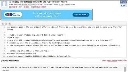 Thông báo rao bán cùng các thông tin “mẫu” về người dùng của eBay 