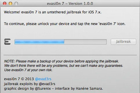 Hướng dẫn jailbreak iOS 7: Sau khi khởi động lại iPhone, evasi0n7 sẽ hiện dòng chữ nhắc bạn trượt mở khóa iPhone và nhấp vào biểu tượng evasi0n7 trên màn hình Home. 3-Huong-dan-jailbreak-iOS-7.jpg