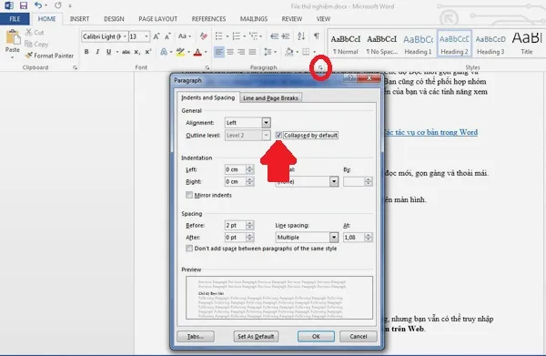 Hướng dẫn học Word 2013: Để đặt cho các đoạn nhỏ mặc định thu gọn vào tiêu đề phụ khi mở văn bản, bạn cần đặt con trỏ vào tiêu đề mong muốn rồi nhấn mở bảng điều khiển Paragraph Settings (khoanh tròn) trong tab HOME. Trong cửa sổ Paragraph Settings, tích lựa chọn “Collapsed by default” (mũi tên) rồi ấn OK. E2-Huong-dan-hoc-Word-2013-tinh-nang-moi.jpg