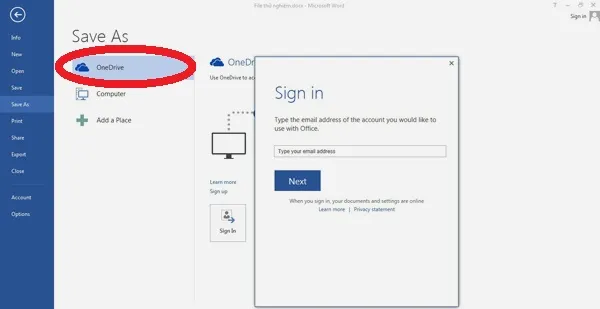Hướng dẫn học Word 2013: Khi vào FILE=> Save As, bạn sẽ có lựa chọn dịch vụ lưu trữ đám mây OneDrive của Microsoft (bạn phải lập tài khoản và đăng nhập) bên cạnh lựa chọn lưu trữ máy tính như thông thường. D1-Huong-dan-hoc-Word-2013-tinh-nang-moi.jpg