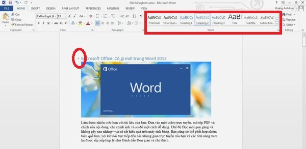 Hướng dẫn học Word 2013: Trong Word 2013 khi áp dụng Heading 1, Heading 2… (vùng đóng khung) cho một dòng tiêu đề phụ, bên cạnh dòng tiêu đề phụ đó sẽ có biểu tượng tam giác nhỏ (khoanh đỏ) để bạn thu gọn đoạn văn mà nó đại diện. E1-Huong-dan-hoc-Word-2013-tinh-nang-moi.jpg