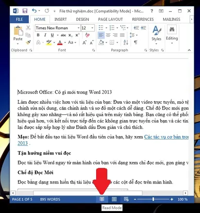 Hướng dẫn học Word 2013: Người dùng Word 2013 có thể chuyển sang Chế độ Đọc chuyên biệt Read Mode (mũi tên) khi đang soạn thảo văn bản. A1-Huong-dan-hoc-Word-2013-tinh-nang-moi.jpg