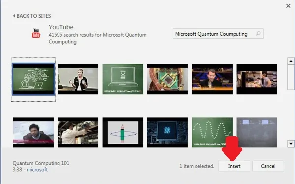 Hướng dẫn học Word 2013: Ví dụ ta chọn tìm kiếm video trên YouTube, lúc ấy hãy nhập từ khóa cần tìm rồi chọn ra đoạn video thích hợp trong danh sách và bấm Insert (mũi tên). C2-Huong-dan-hoc-Word-2013-tinh-nang-moi.jpg