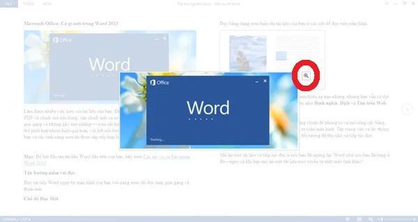 Hướng dẫn học Word 2013: Tất cả các thành phần đồ họa trong Word 2013 như bảng biểu, ảnh hay biểu đồ đều có thể được mở riêng lên xem bằng cách nhấn đúp vào đó khi đang trong chế độ Read Mode. Để phóng to toàn màn hình, bạn hãy bấm biểu tượng kính lúp (khoanh đỏ). B1-Huong-dan-hoc-Word-2013-tinh-nang-moi.jpg