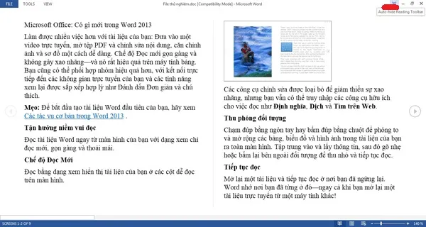 Hướng dẫn học Word 2013: Trong Read Mode người dùng có thể thư thái xem lại tác phẩm khi những dãy công cụ khô cứng xung quanh đã được thu gọn. Bạn còn có thể dọn nốt những công cụ còn lại bằng cách ấn nút Auto-hide Reading Toolbar (gạch đỏ). A2-Huong-dan-hoc-Word-2013-tinh-nang-moi.jpg