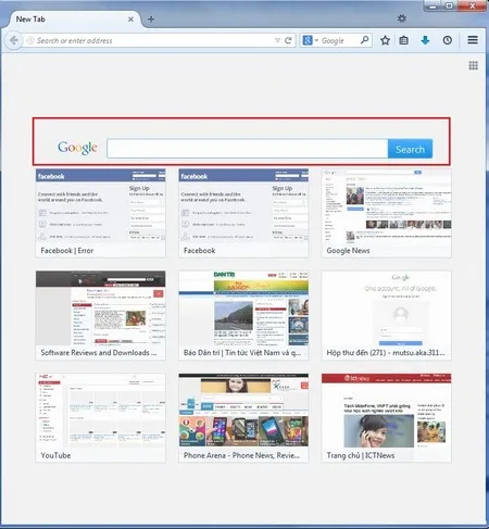 Giao diện trang tab mới được trang bị thêm thanh tìm kiếm của Google