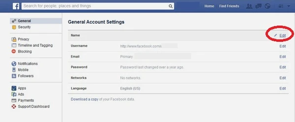 Hướng dẫn đổi tên Facebook: Trong mục General, bạn sẽ có lựa chọn để tùy chỉnh các thông tin tài khoản cơ bản. Hãy nhấn vào Edit (khoanh đỏ) bên phải của dòng Name ngay đầu tiên. 2-Huong-dan-doi-ten-Facebook.jpg