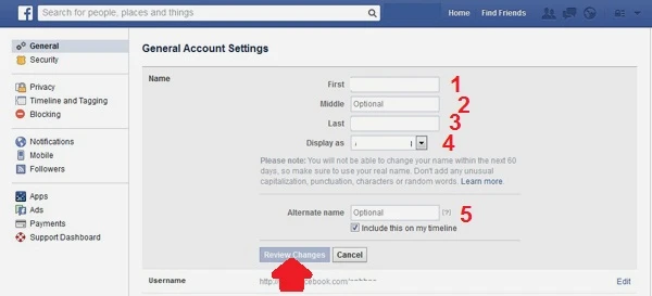 Hướng dẫn đổi tên Facebook: Thay đổi tên Facebook của bạn theo mẫu đơn trong hình. Sau khi điền xong, hãy ấn Review Changes (Xem lại thay đổi). 3-Huong-dan-doi-ten-Facebook.jpg