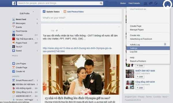 Hướng dẫn đổi tên Facebook: Trên trang Facebook cá nhân của bạn, hãy nhấn vào biểu tượng tam giác ngược phía trên cùng bên phải (khoanh tròn) rồi chọn Settings (màu đậm). 1-Huong-dan-doi-ten-Facebook.jpg