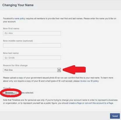 Hướng dẫn đổi tên Facebook: Đường dẫn này sẽ dẫn bạn đến mẫu đơn đề nghị đổi lại tên chính thức gửi lên Facebook, trong đó bạn sẽ phải giải thích rõ lý do đổi (mũi tên) và cung cấp ảnh chụp giấy tờ tùy thân làm đối chứng, tải lên bằng nút Browse (khoanh đỏ). B2-Huong-dan-doi-ten-Facebook.jpg