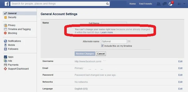 Hướng dẫn đổi tên Facebook: Lúc này nếu bạn trở lại trang chỉnh sửa tên Facebook, sẽ có dòng thông báo “Bạn không thể đổi tên nữa vì bạn vừa mới đổi trong vòng 60 ngày qua” (khoanh đỏ). 5-Huong-dan-doi-ten-Facebook.jpg