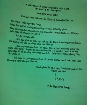 Đơn xin nghỉ việc của ông Long gửi cơ quan chủ quản
