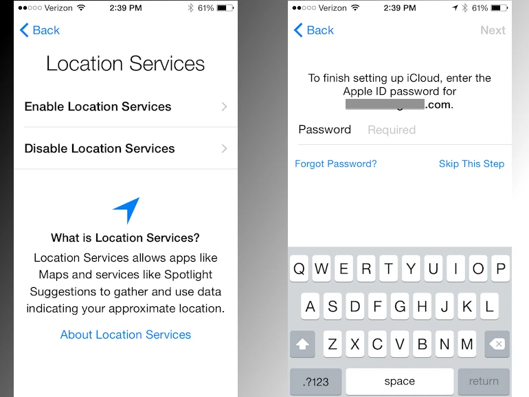 Chọn kích hoạt hay vô hiệu hóa dịch vụ địa điểm rồi đăng nhập iCloud bằng Apple ID