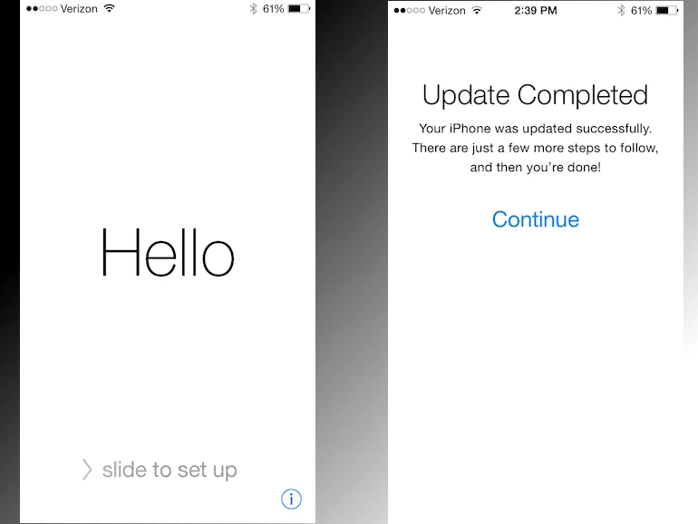 Màn hình khởi động sau khi cài đặt iOS 8, nhấn vào Continue để tiếp tục