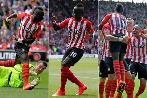 Mane trong và sau ba tình huống ghi bàn vào lưới Aston Villa. Cầu thủ đến từ Red Bull Salzburg hè năm ngoái với giá 18,6 triệu đôla là một phát hiện hớn của Southampton mùa này, với 10 bàn ghi được tại Ngoại hạng Anh. Ảnh:Mirror. Mane-6170-1431818177.jpg