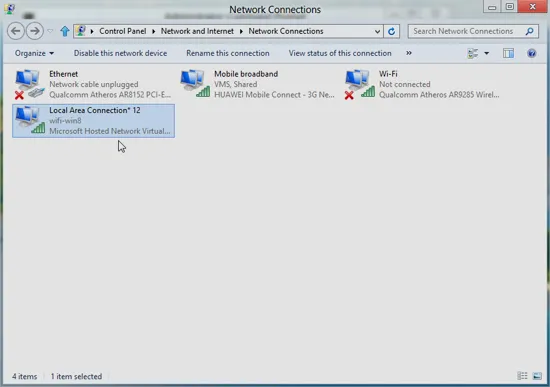 Hướng dẫn phát WiFi từ laptop: Nhấp phải chuột vào biểu tượng mạng ở dưới thanh taskbar=> chọn Open Network and Sharing Center=> “Change adapter settings”, bạn sẽ thấy xuất hiện thêm một mạng không dây ảo trong Network Connections (trong ảnh là Local Area Connection* 12). 3-Phat-WiFi-tu-laptop-Win-8-Win-7.jpg